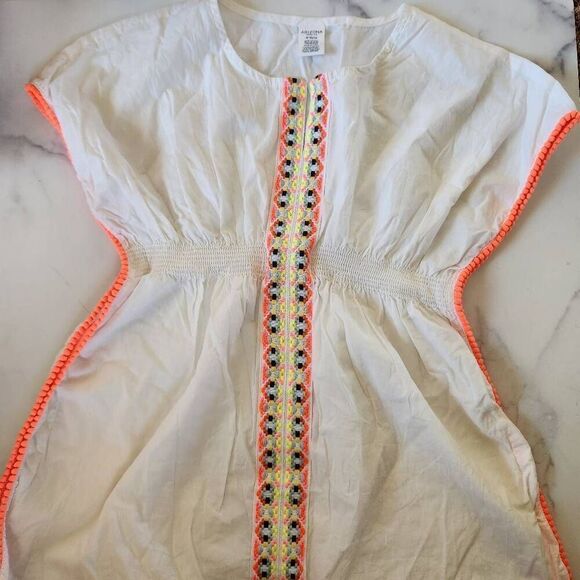 Girls large 10-12 100% cotton white boho swim cover braided trim neon swimming t - Picture 5 of 5